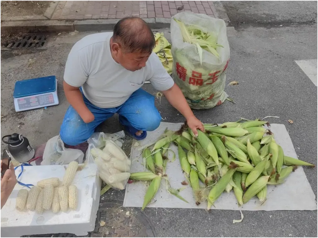 大丰百富达马路菜场有这么一位卖玉米的独臂农民……